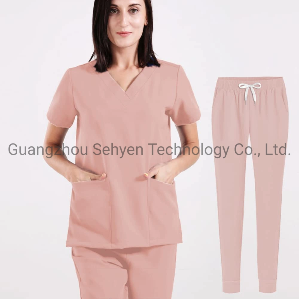 Scrubs for Women Joggers V-Neck Pocket Top Uniforms Athletic Stretch Set Workwear Drawstring Threaded Pant Legs Uniform Set